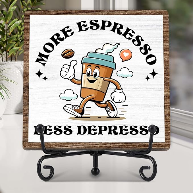 Coffee Bar Decor, Farmhouse Kitchen Table Decor, Coffee Station Accessories, Wooden Decorative Sign with Iron Stand for Table Desk Shelf Display-E25