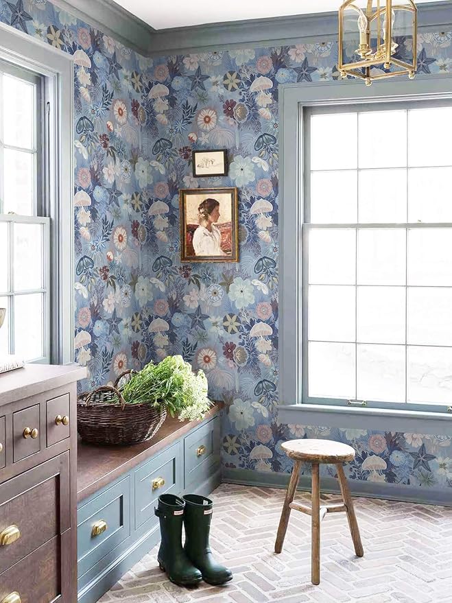 Ismoon Floral Peel and Stick Wallpaper Vintage Blue Contact Paper Jellyfish Ocean Stick on Wall Paper Removable Self Adhesive Vinyl Wallpaper for Bedroom Wall Decor Cabinet Refurbishment 17.3x393in