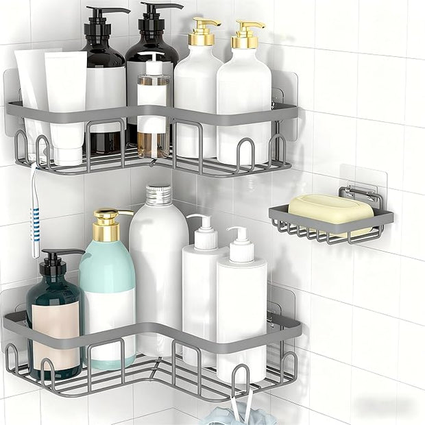 Moforoco Corner Shower Caddy Shelf Organizer Rack, Self Adhesive Grey Bathroom Shelves Basket, Home Wall Shower Inside Organization and Storage Decor RV Accessories, First Apartment Essentials