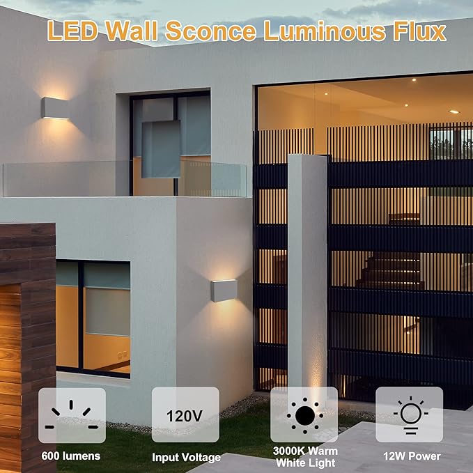 FUDESY LED Wall Sconce, Indoor Outdoor Up and Down Wall Lighting Fixtures, Modern Matte Gray Plastic Wall Mount Light, for Living Room Bedroom Hallway Corridor, 12W Warm White Light 3000K (2-Pack)