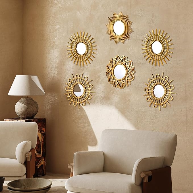 Namalu 6 Pcs Sunburst Mirror for Wall Decor, Small Circle Sun Espejos Decorative Mirror Hanging for Art Entryway Home Decor Bathroom Bedroom Living Room(Elegant,Gold)
