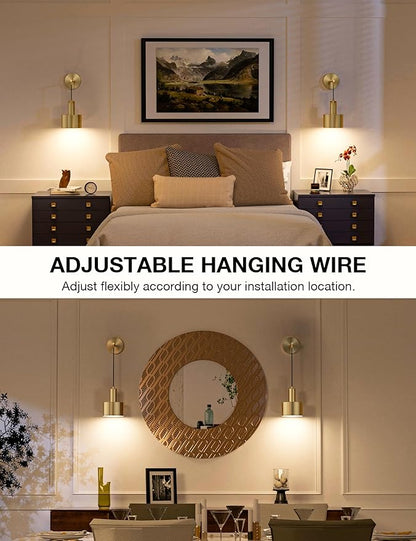NIORSUN Battery Operated Wall Sconce Set of 2, Gold Wireless Rechargeable Wall Lights with 5200mAh Dimmable Detachable Bulbs and Remote, 9 Colors Sconces Wall Decor for Bedroom Living Room Hallway