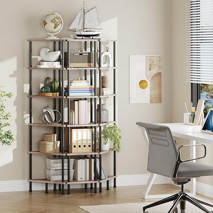 HOOBRO Corner Shelf Stand, Industrial 6-Tier Corner Bookshelf with Metal Frame, Plant Display Shelf, Bookcase for Small Spaces, Living Room, Greige and Black BG36CJ01