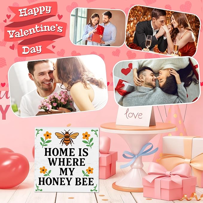 Valentines Desk Decor, Valentine's Day Home Office Table Sign for Wife Daughter from Dad Husband, Valentine Gifts Decorations for Porch Tiered Tray Shelf Party, Home Is Where My Honey Bee