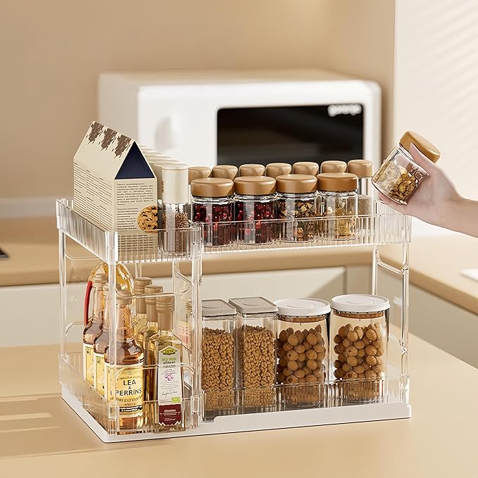 Pull Out Spice Rack Organizer for Cabinet, Rotatable 2 Tier Slide Out Seasoning Organizer and Storage Adhesive Vertical Spice Rack Shelf Pullout for Kitchen Cabinets(2 Drawer, Acrylic)