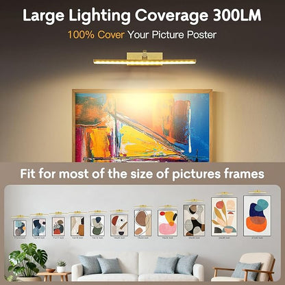 Battery Picture Light for Wall with Timer,3 Color Temps Painting Light, Rechargeable 5200 mAh and AA Battery,Metal Rotatable Head Art Display Accent Lights for Gallery Portrait Hallway Frame-Gold 16''