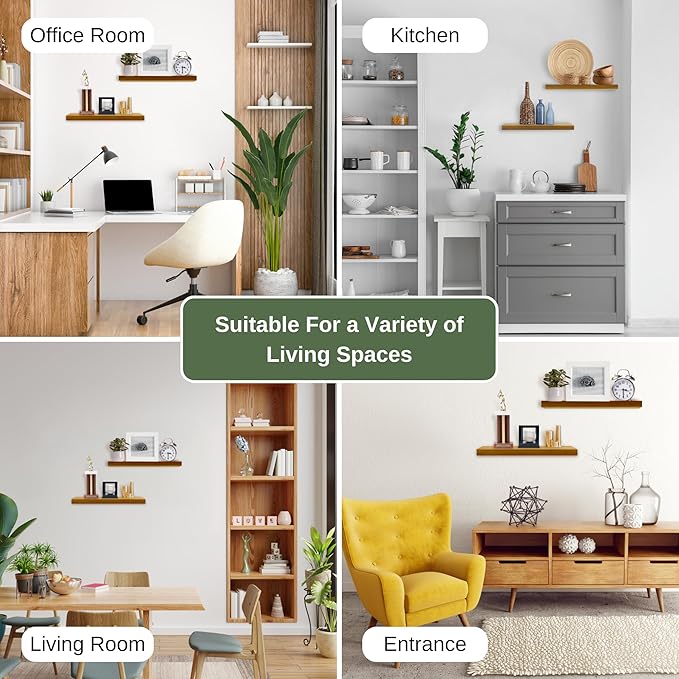 Teak Wood Floating Shelves Perfect for Bathroom Décor Pack of 2 Wooden Wall Shelves for Bedroom Living Room Kitchen Simple Minimalist Home Décor 24” x 6.7