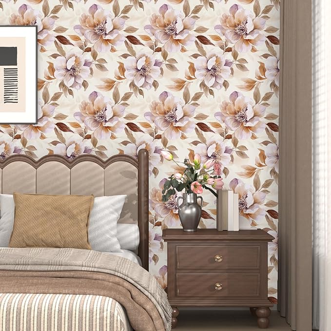 Purple Floral Peel and Stick Wallpaper Watercolor Contact Paper 17.5" × 118" Waterproof Vinyl Self Adhesive Vintage Brown Flower Wall Paper for Bedroom Walls Cabinet Locker Decor
