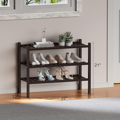 3 Tier (Thick) Bamboo Shoe Rack for Closet Free Standing Wood Shoe Shelf for Entryway Small Space Stackable 27"x12"x21" (Black Brown)