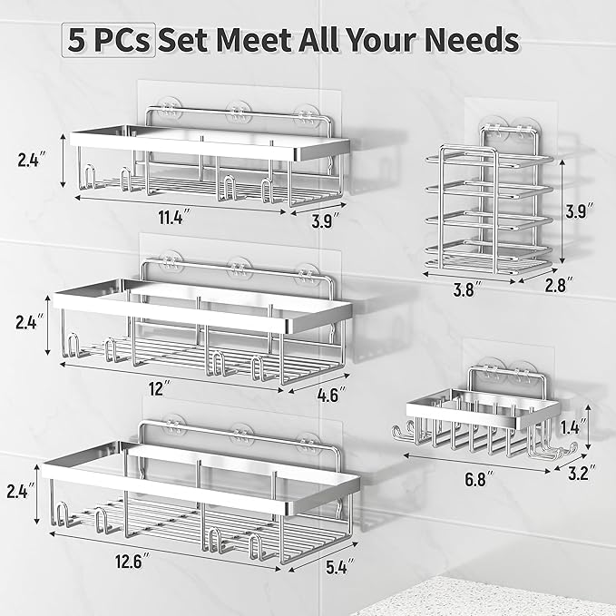 5 Pack Shower Caddy Organizer Rack Shelf for Inside Shower, Self Adhesive Bathroom Wall Storage Basket Rustproof Stainless Steel Large Capacity Shampoo Holder, Silver