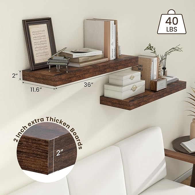 Deep Floating Shelves | 36 Inch Brown Floating Shelves Set of 2 | 12 Inch Deep Rustic Wood Shelves for Wall | 36