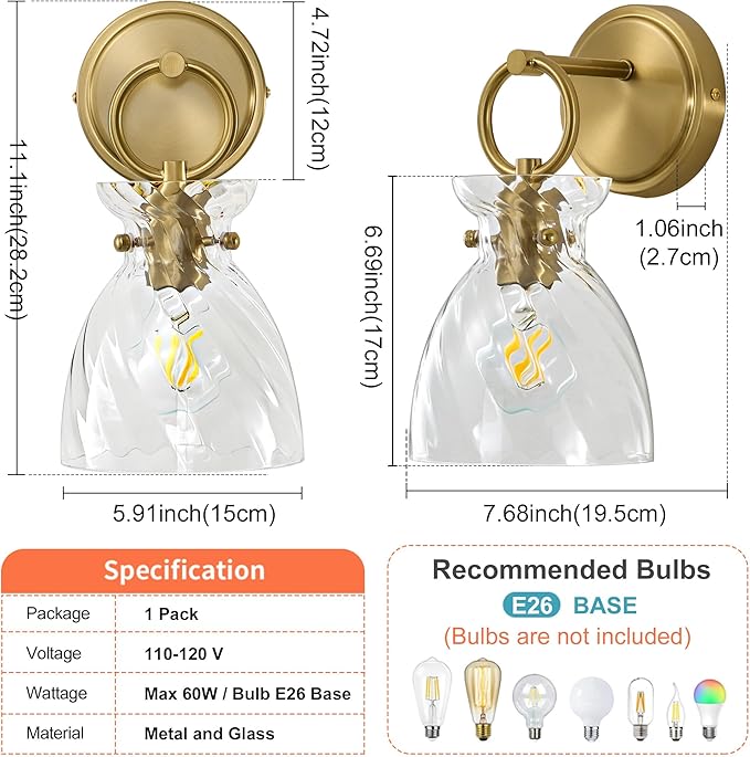 Wall Sconce 1-Light Hardwired Wall Mount Modern Farmhouse Vanity Light Fixtures with 6 Inch Clear Striped Glass Shade, Gold Wall Lights for Bathroom, Bedroom, Living Room, Mirror, Kitchen