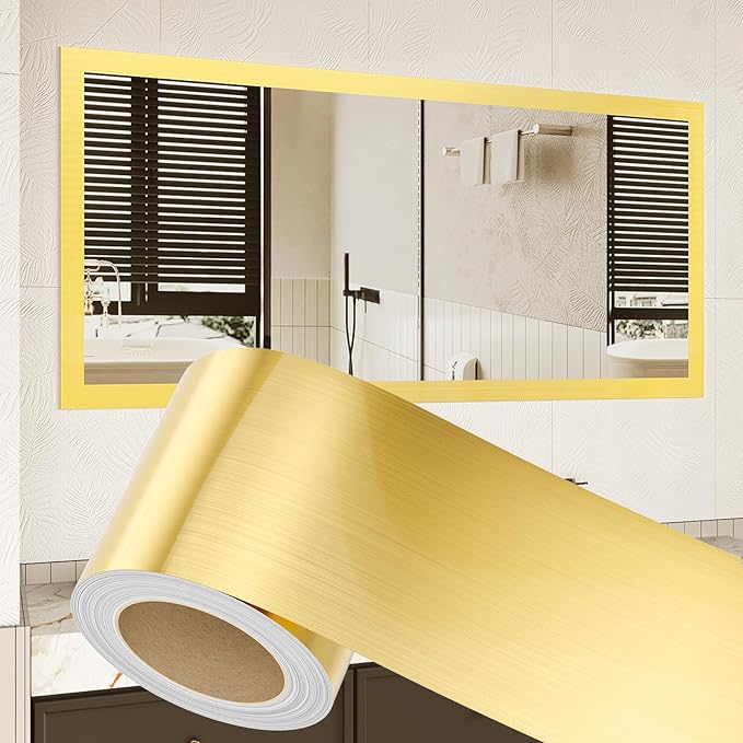 Peel and Stick Wallpaper Borders 390” x 2.36” Self Adhesive Mirror Frame Border Brushed DIY for Kitchen Bathroom Mirror Removal Border Sticker Wall Decor Cover 6.4 Sq.Ft, Brushed Golden