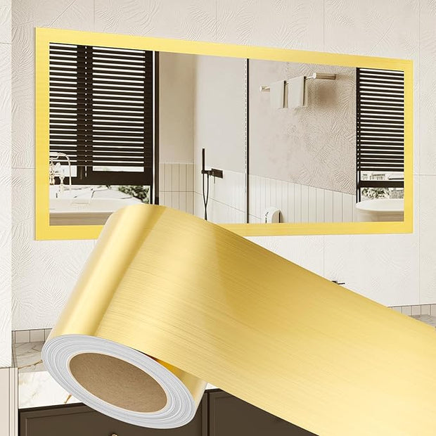 Peel and Stick Wallpaper Borders 390” x 2.36” Self Adhesive Mirror Frame Border Brushed DIY for Kitchen Bathroom Mirror Removal Border Sticker Wall Decor Cover 6.4 Sq.Ft, Brushed Golden