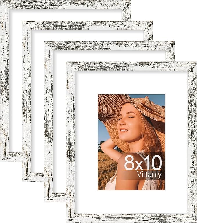 Vittanly 8x10 Picture Frame Set of 4, Display Pictures 5x7 with Mat or 8x10 without Mat, Photo Frames for Wall or Tabletop Display, Distressed White