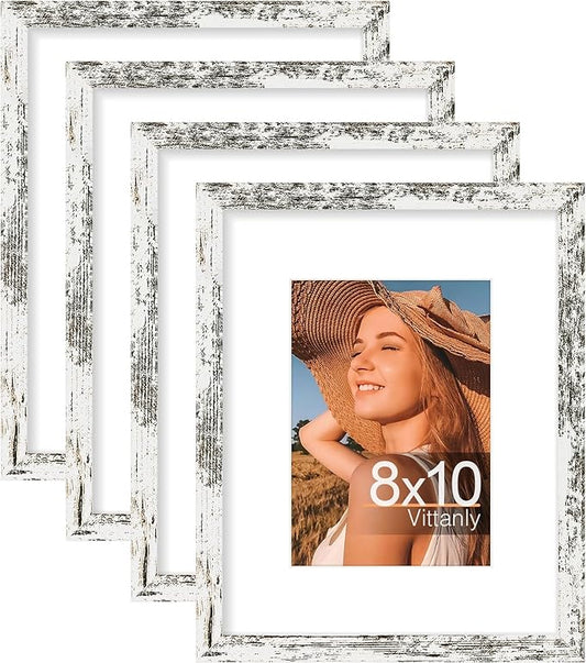 Vittanly 8x10 Picture Frame Set of 4, Display Pictures 5x7 with Mat or 8x10 without Mat, Photo Frames for Wall or Tabletop Display, Distressed White