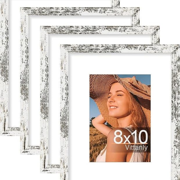 Vittanly 8x10 Picture Frame Set of 4, Display Pictures 5x7 with Mat or 8x10 without Mat, Photo Frames for Wall or Tabletop Display, Distressed White