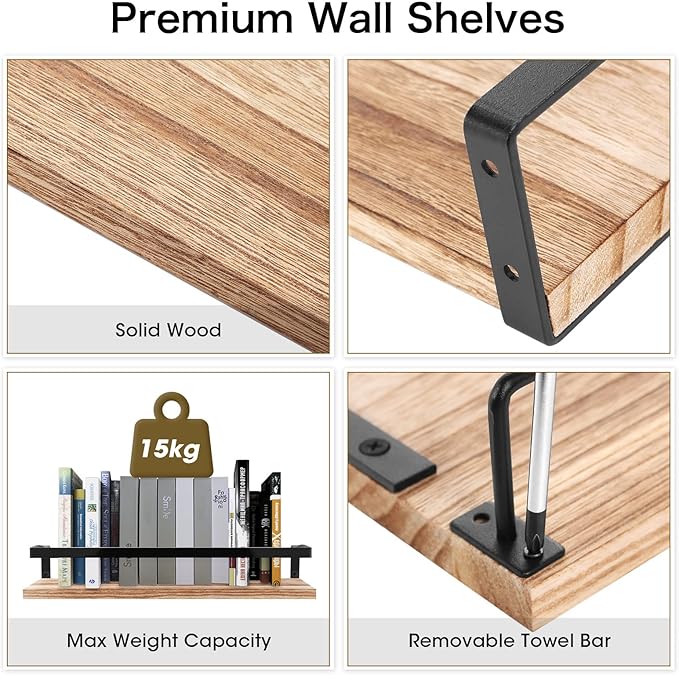 Uten Floating Shelves, Wall Shelf Outdoor, 42x15x8 cm, Shelving Unit for Wall, Towel Holder 6 Hooks, Kitchen Spice Rack, Storage Organiser Shelf for Bedroom, Bathroom, Living Room, Office