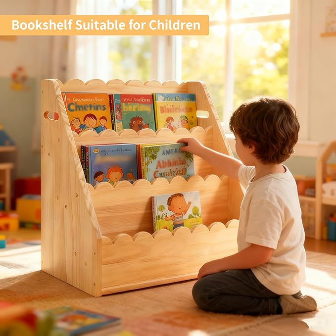 Kids Bookshelf 3-Tier, Solid Wood Bookcase & Montessori Book Display Rack, Open Front Facing Bookshelves for Toddlers, Children's Room, Nursery, Bedroom, Playroom Organizer (Small)