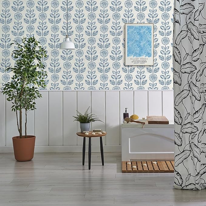 Wudnaye Blue Floral Peel and Stick Wallpaper Blue and White Contact Paper 17.7in×196.8in Vintage Floral Self Adhesive Wallpaper Navy Removable Tulip Wall Paper Waterproof for Bathroom Farmhouse Decor