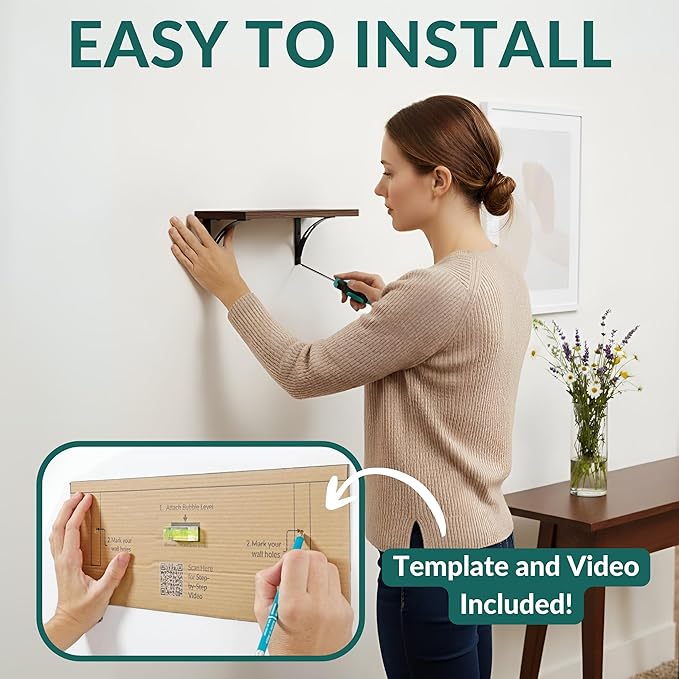 Willowy Reinforced Steel Bracket Dark Brown Wall Shelves - Easy to Install, Template and Video Included - Dark Wood Shelves for Wall, Wooden Shelf for Wall, Laundry Room Decor