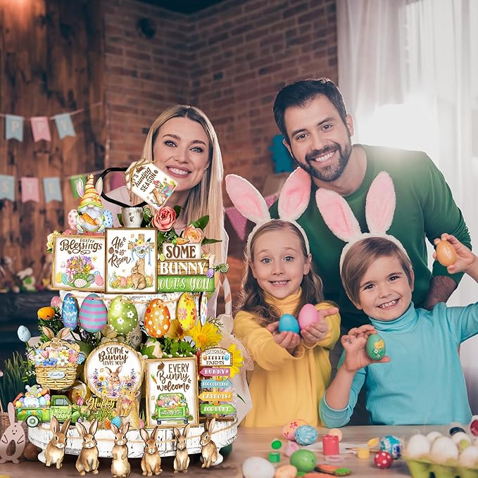 Amyhill 24 Pcs Easter Tiered Tray Decor Bunny Easter Spring Decorations Farmhouse Wooden Signs Gnome Egg Flower Tiered Tray Decor for Home Kitchen Coffee Bar Table Shelf