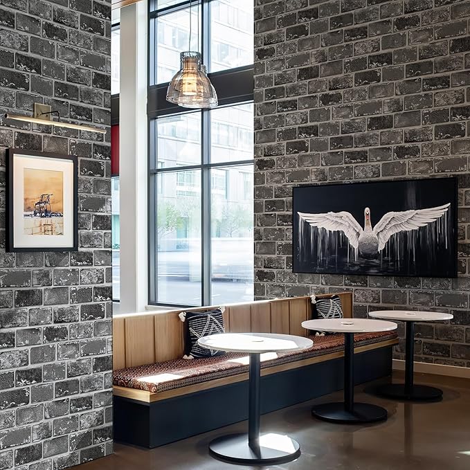 JiffDiff Brick Wallpaper Peel and Stick, Removable Vintage Self Adhesive Wallpaper Renter Friendly Textured Stick on Wallpaper Contact Paper （17.3" x 1200" Black Brick）