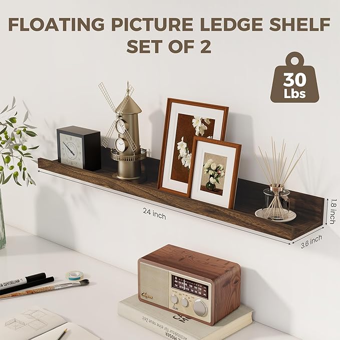 Axeman Picture Ledge Shelf | 24 Inch Floating Shelves Set of 2 | Walnut Wall Shelves with Lip | Walnut Picture Shelf for Wall with Ledge | Photo Ledges 24 Inch