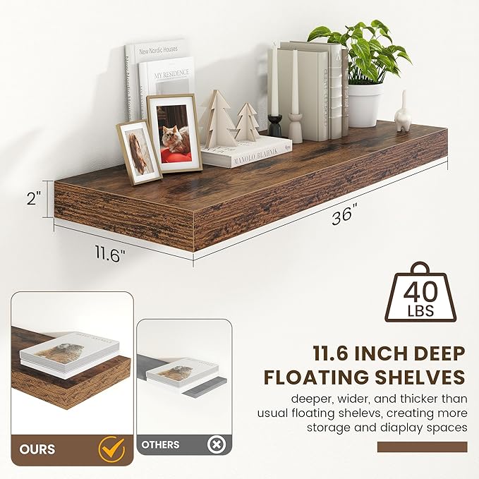 12 Inch Deep Floating Shelves | 36 Inch Brown Floating Shelves | 36