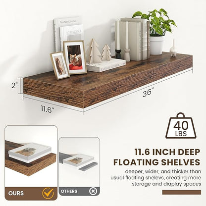 12 Inch Deep Floating Shelves | 36 Inch Brown Floating Shelves | 36" W x 12" D Rustic Wood Shelves for Wall | Deep Brown Shelves for Living Room Bathroom Laundry Room Kitchen