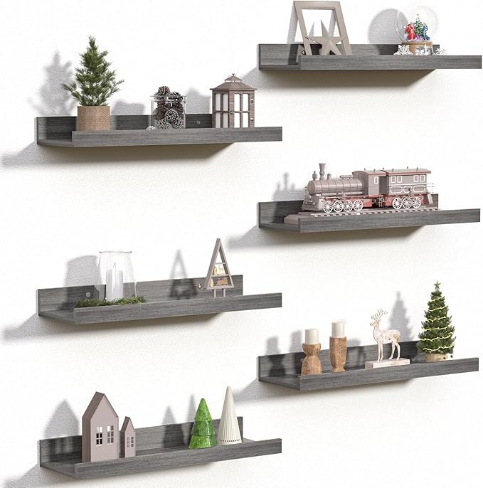 upsimples Floating Shelves for Wall, Wall Shelves for Decor Storage Set of 6, Wall Mounted Wood Shelf for Bedroom, Living Room, Bathroom, Kitchen, Picture Ledge Shelf, Grey