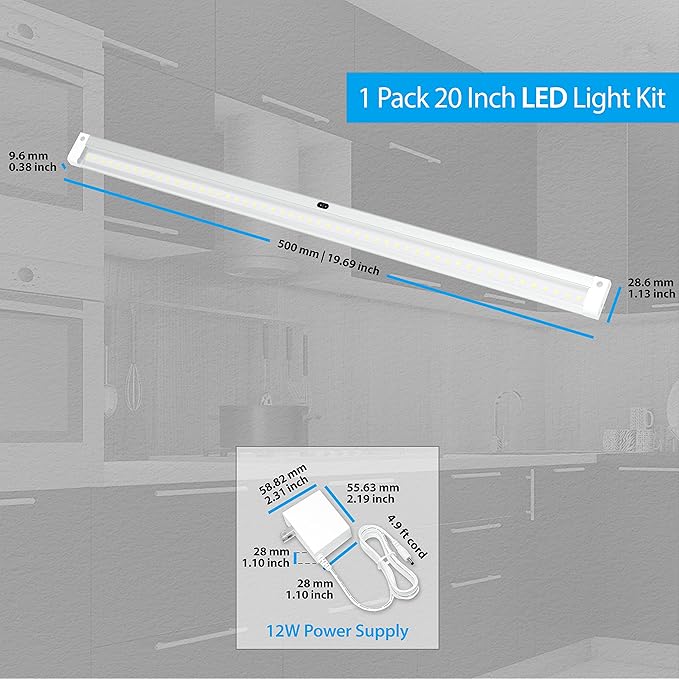 EShine Hand Wave Activated Under Cabinet LED Lighting Kit, Dimmable, 1-Pack 20 in - Touchless Dimming Control, White Under Counter Lights for Kitchen, Garage, Desk, Laundry - Warm White (3000K)
