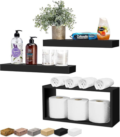 Sorbus Floating Shelves for Wall Set of 3 - Bathroom Shelves for Wall Storage, Over Toilet, Bedroom, Farmhouse, Decor - 2 Floating Shelves with Invisible Brackets & 1 Rectangular Box, Black