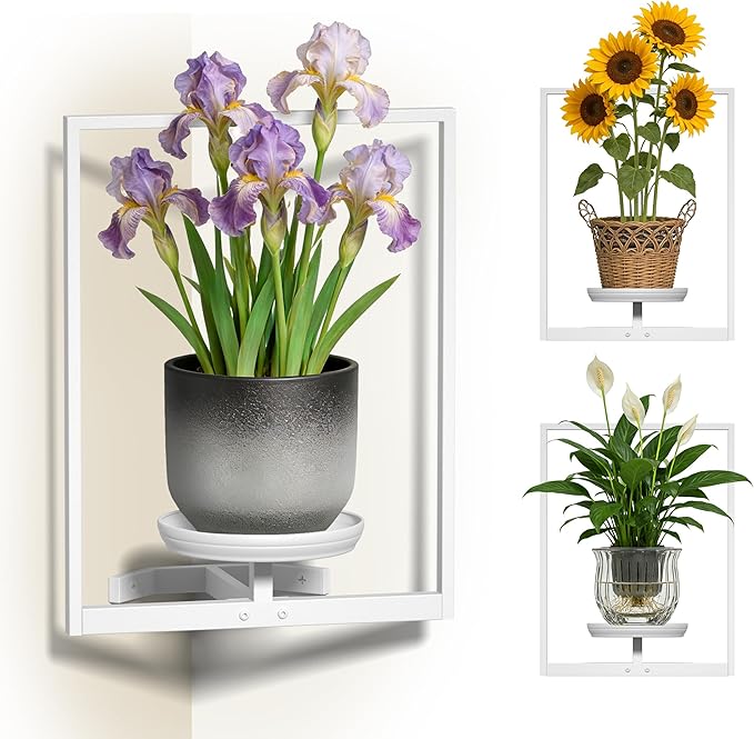 BXF Corner Wall Planters for Indoor Plants, 90 Degree Floating Shelves. Heavy Duty Mounted Holder, Minimalist Hanging Decor. Window Shelf Fits 4-7 Inch Pots (White, Frame 3 Pack)