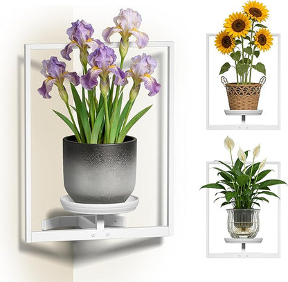 BXF Corner Wall Planters for Indoor Plants, 90 Degree Floating Shelves. Heavy Duty Mounted Holder, Minimalist Hanging Decor. Window Shelf Fits 4-7 Inch Pots (White, Frame 3 Pack)