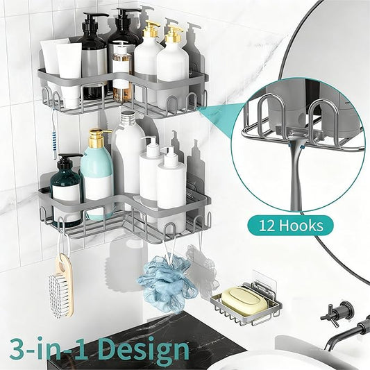 Moforoco Corner Shower Caddy Shelf Organizer Rack, Self Adhesive Grey Bathroom Shelves Basket, Home Wall Shower Inside Organization and Storage Decor RV Accessories, First Apartment Essentials