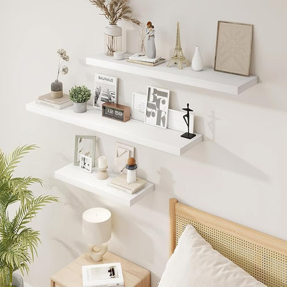 48in Floating Shelves for Wall, 48"W x 9.25"D x 1.25"H, 2 Pack Long Wall Mounted Engineered Wood Shelves with Invisible Brackets for Living Room, Bedroom, Bathroom, Kitchen Decor and Storage, White
