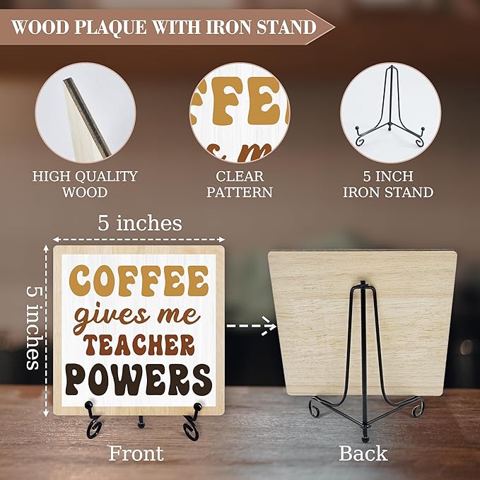 Coffee Sign Desk Decor, Coffee Gives Me Teacher Powers Sign With Iron Stand, Teacher Appreciation Gifts, Wood Plaque Gifts For Teacher -52