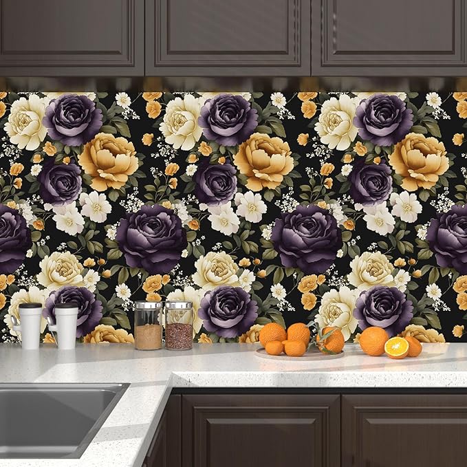 Floral Black Vintage Wallpaper Peel and Stick Dark Purple Beige Peony Contact Paper 17.5" x 118" Boho Wall Paper Modern Vinyl Self Adhesive Waterproof Removable for Kitchen Backsplash Cabinet Decor