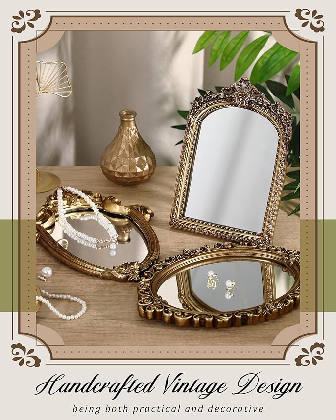 3 Styles Vintage Gold Mirror Set Wall Decorative, Vintage Wall Mirror Antique Hanging and Tabletop with Stand for Living Room Bedroom Dresser, Classic Home Wedding Decor(Classic Style)