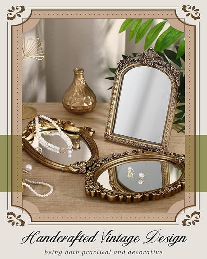 3 Styles Vintage Gold Mirror Set Wall Decorative, Vintage Wall Mirror Antique Hanging and Tabletop with Stand for Living Room Bedroom Dresser, Classic Home Wedding Decor(Classic Style)