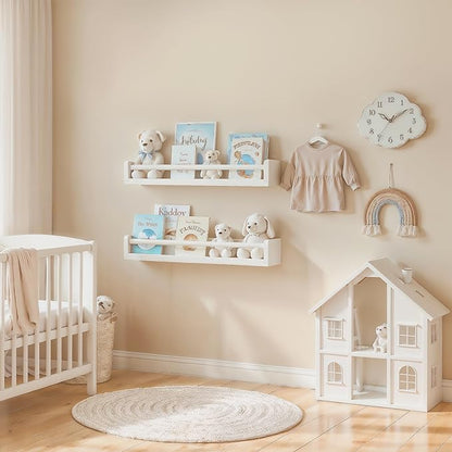 Floating Nursery Book Shelves, 16.5 inch Wall Book Shelves Kids Room, Set of 2 Baby Shelves for Nursery Décor, Ideal Wooden Nursery Shelves for Teens Kids Room, Bedroom Bathroom and Kitchen (White)