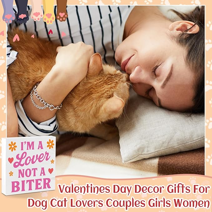 Valentines Cat Dog Desk Decor, Valentine's Day Gifts for Cats Dogs Lover Pet Parent, Valentine Home Office Table Sign Decoration for Shelf Tiered Tray, A Lover Not A Biter