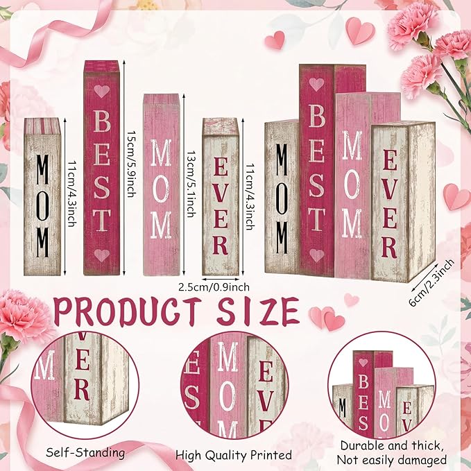 4 Pcs Mothers Day Table Decoration Wooden Book Pink White Tiered Tray Decor Happy Mother's Centerpieces Mom Gifts from Daughter Son for Home Shelf Indoor Party Decoration