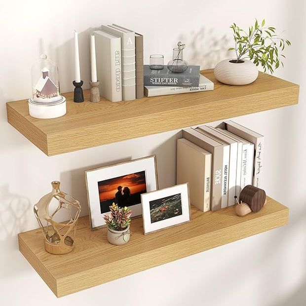 Floating Shelves for Wall, 36" W x 12" D x 2" H, 2 Pack of Long Wall Mounted Engineered Wood Shelves with Invisible Brackets for Living Room, Bedroom, Bathroom, Kitchen Decor, Oak