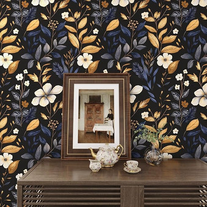 Vintage Dark Floral Wallpaper Peel and Stick Blue/Gold Leaf Wallpaper Waterproof Self Adhesive Removable Boho Wall Paper Modern for Bedroom Walls Drawer Cabinet 17.5in x 197in