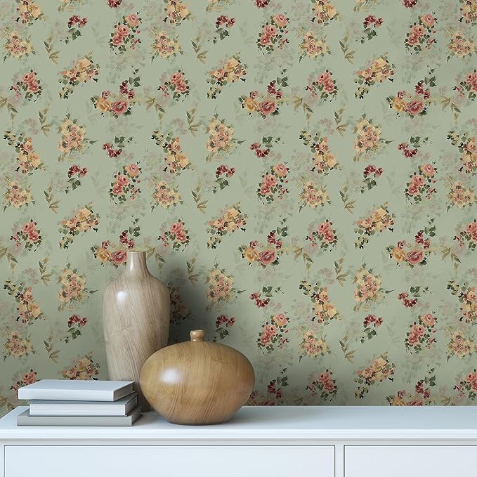 Vintage Green Floral Wallpaper Peel and Stick French Flower Wallpaper 17.7