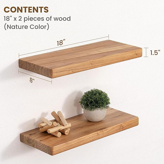Floating Shelves for Wall, 18"Wx8"D Rustic Solid Elm Wood Floating Shelves Wall Mounted, Round Edge Wall Shelves with Invisible Bracket for Living Room Bathroom Bedroom Kitchen, Set of 2, Natural
