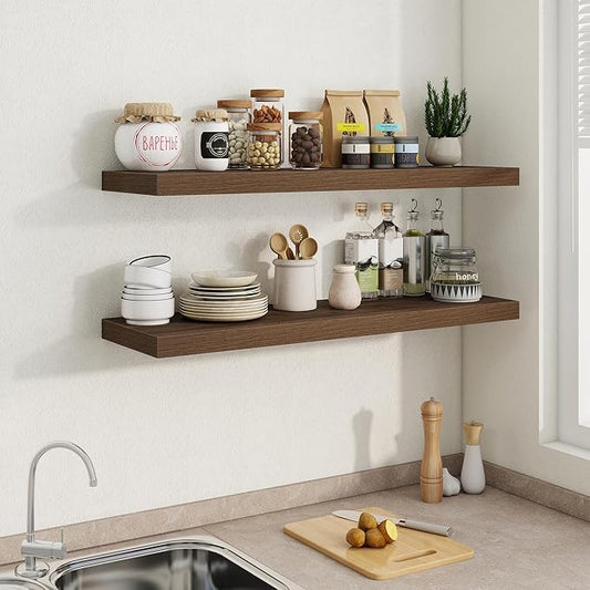 Fun Memories 40" W x 9.3" D Floating Shelves for Wall, Deep Long Floating Shelf for Home Bathroom, Bedroom, Living Room, Rustic Wood Wall Mounted Shelves for Books Decor, Walnut