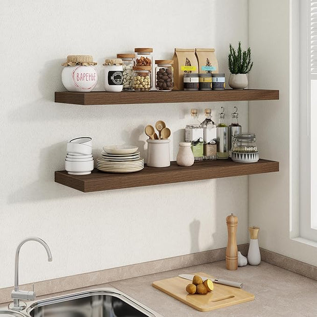 Fun Memories 40" W x 9.3" D Floating Shelves for Wall, Deep Long Floating Shelf for Home Bathroom, Bedroom, Living Room, Rustic Wood Wall Mounted Shelves for Books Decor, Walnut